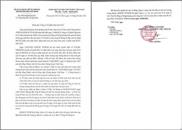 Toàn bộ công văn HoSE gửi Tập đoàn FLC về việc nâng lên diện đình chỉ giao dịch.
