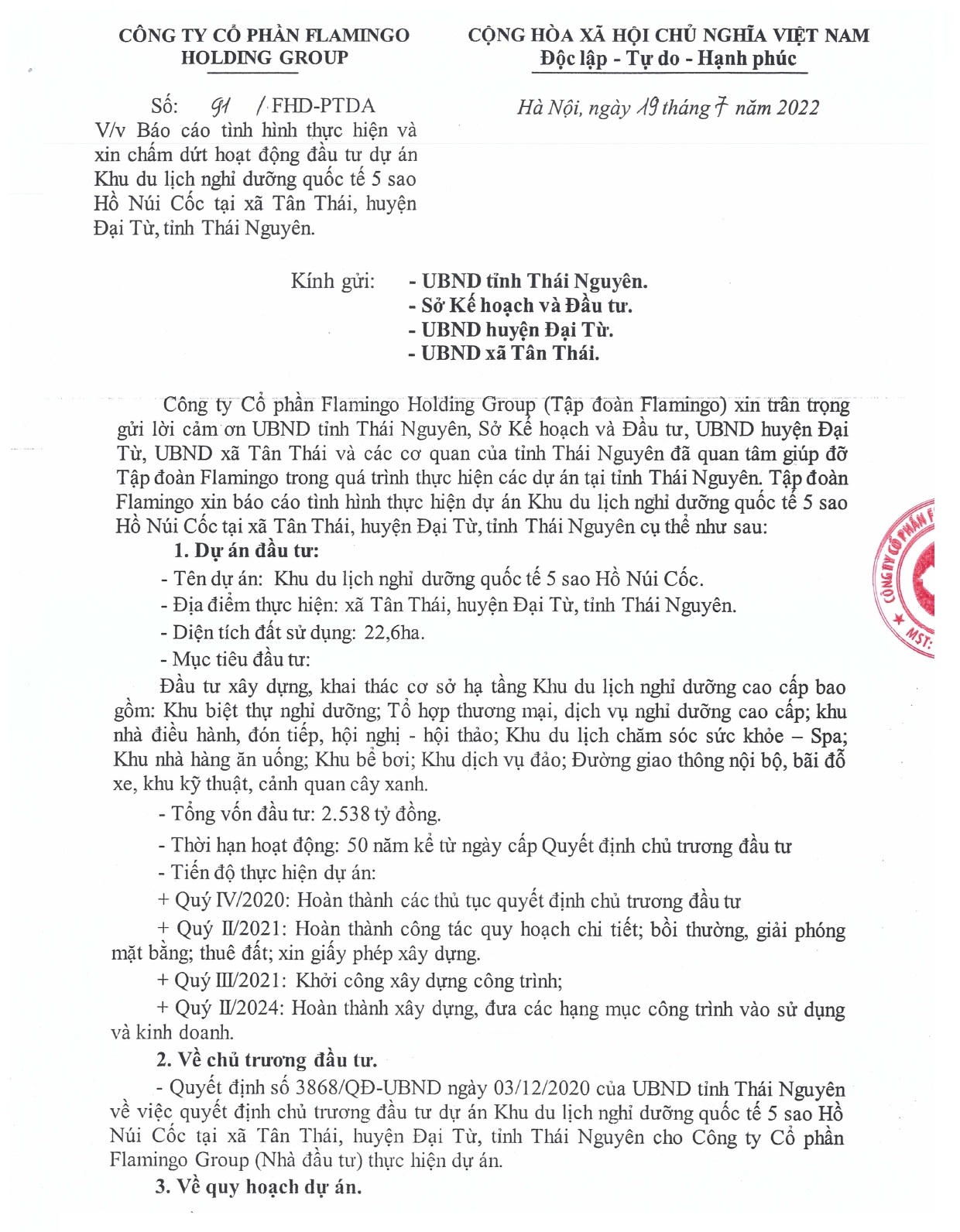 Flamingo chủ động đề xuất chấm dứt hoạt động đầu tư Dự án Khu du lịch nghỉ dưỡng quốc tế 5 sao Hồ Núi Cốc