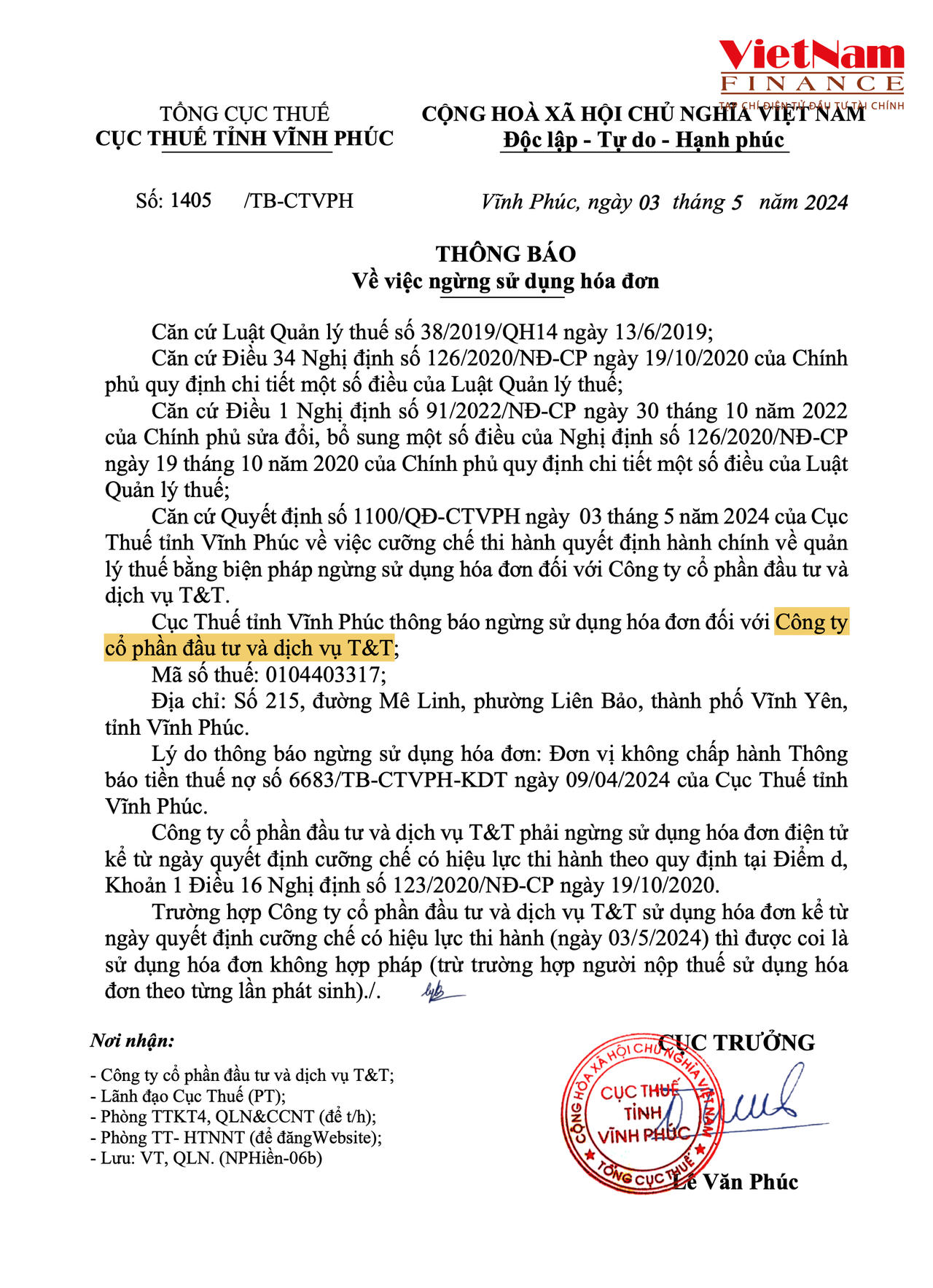 Thông báo ngừng sử dụng hoá đơn đối với Công ty cổ phần đầu tư và dịch vụ T&T