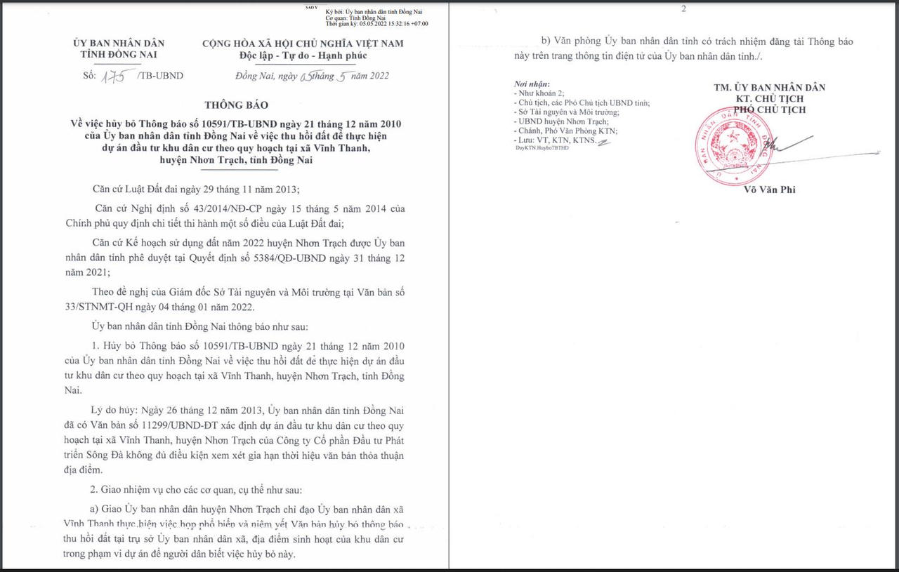 Đồng Nai&nbsp;hủy bỏ việc thu hồi đất để thực hiện dự án đầu tư khu dân cư tại xã Vĩnh Thanh. &nbsp;