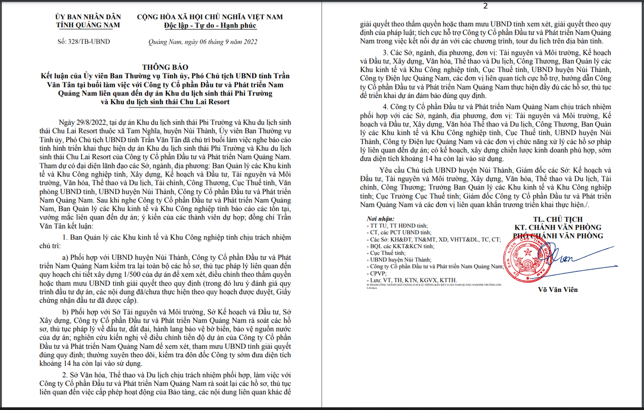 Thông báo của UBND tỉnh Quảng Nam liên quan đến dự án dự án Khu du lịch sinh thái Phi Trường và Chu Lai Resort &nbsp;