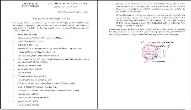 Kết quả phát hành lô trái phiếu 240 tỷ đồng của Đầu tư Cam Lâm.