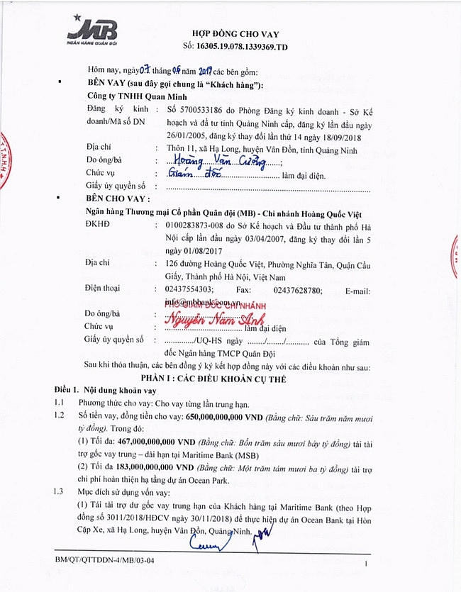 Hợp đồng cho vay giữa Công ty TNHH Quan Minh và ngân hàng Quân đội - Ảnh ngaymoionline.com.vn &nbsp;