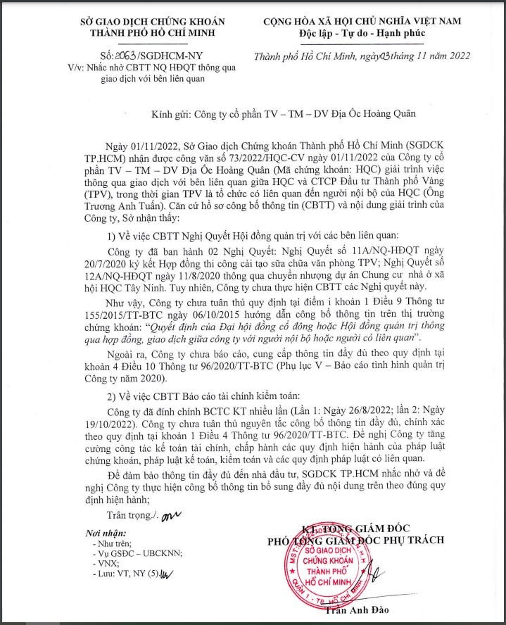 HoSE nhắc nhở Hoàng Quân công bố thông tin liên quan việc chuyển nhượng dự án Golden City .