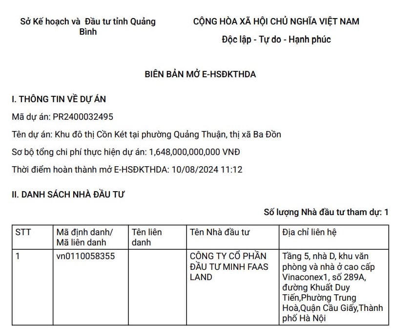 Dự án KĐT Cồn Két duy nhất Công ty cổ phần Đầu tư Minh Faas Land đăng ký thực hiện.