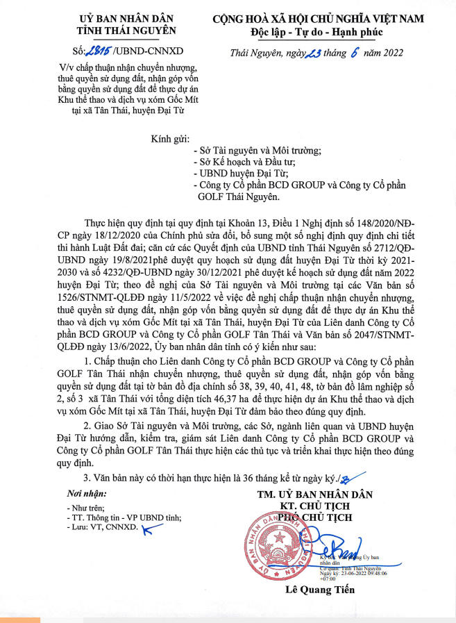 UBND tỉnh Thái Nguyên đã có quyết định số 2815/UBND-CNNXD ngày 23/06/2022.
