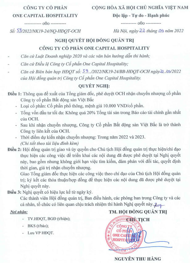 OCH rót vốn vào CTCP Bất động sản Việt Bắc