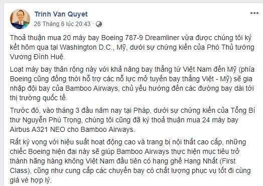 Chủ tịch FLC Trịnh Văn Quyết: Bamboo Airways bay thẳng đến Mỹ phải tính có lãi luôn!