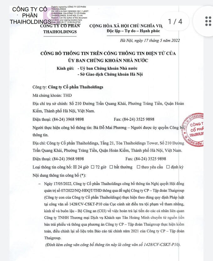 Trên báo cáo tài chính của Thaiholdings, dự kiến chỉ tiêu lợi nhuận sau thuế sẽ điều chỉnh từ 1.156 tỷ đồng thành 424 tỷ đồng. &nbsp;