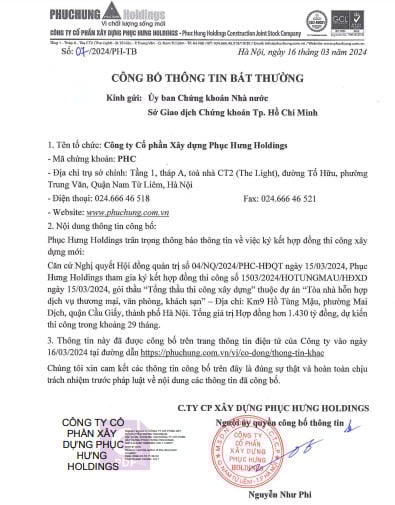 Bản công bố thông tin của PHC đăng tải trên web công ty &nbsp;