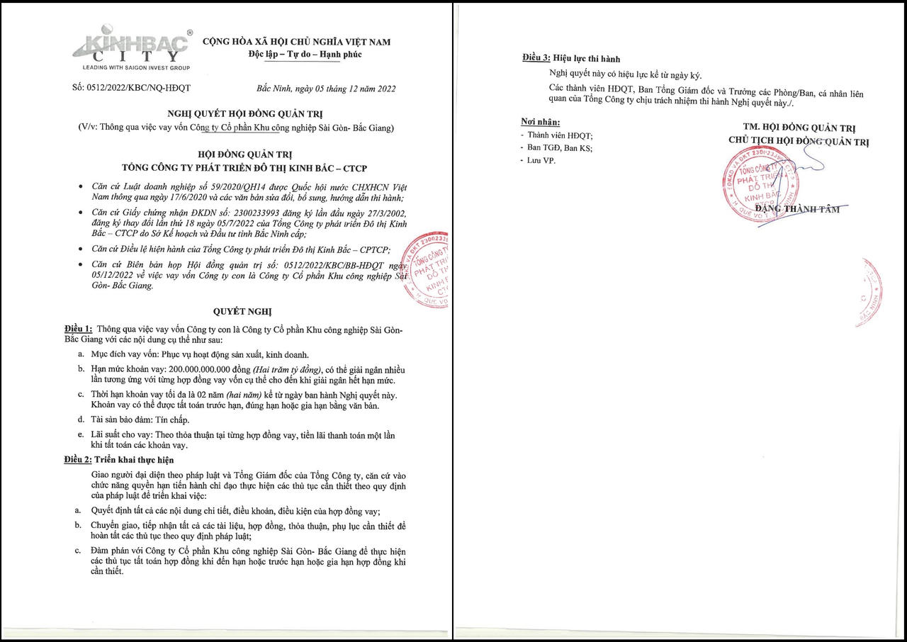 Nghị quyết HĐQT về việc vay vốn tín chấp 200 tỷ đồng từ công ty con của Kinh Bắc. &nbsp;