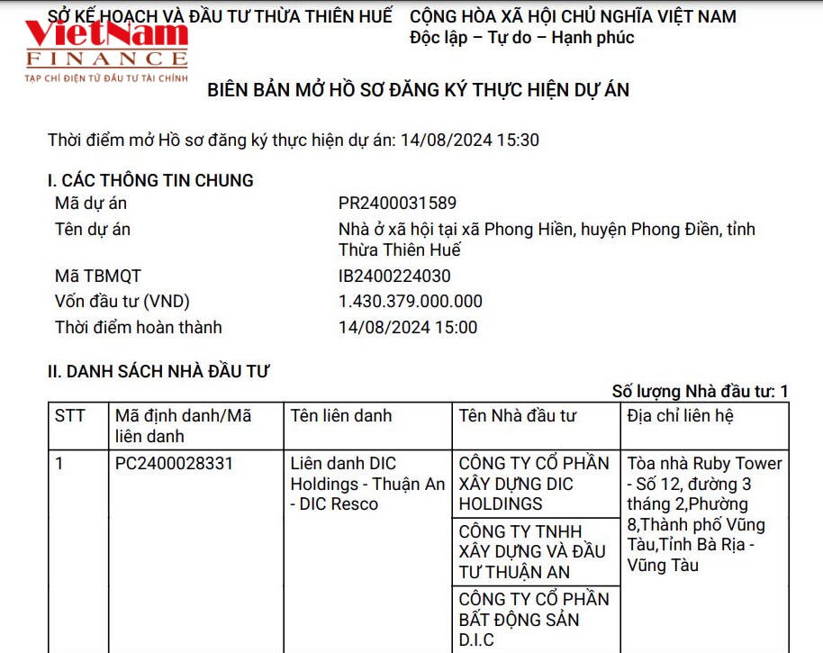Dự án có duy nhất liên danh nhà đầu tư đăng ký thực hiện &nbsp;