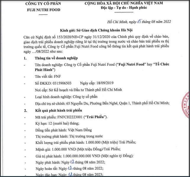 Thông tin lô trái phiếu 1.000 tỷ đồng của CTCP Fuji Nutri Food.