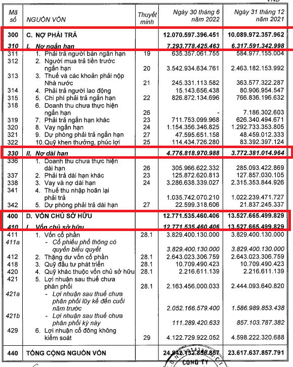 Nợ phải trả của Đầu tư Nam Long tăng mạnh trong khi vốn chủ sở hữu giảm.