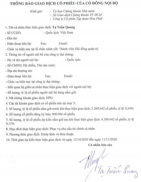 &Ocirc;ng Tạ Tuấn Quang muốn b&aacute;n cổ phiếu thu tiền mặt để phục vụ nhu cầu t&agrave;i ch&iacute;nh c&aacute; nh&acirc;n. &nbsp;