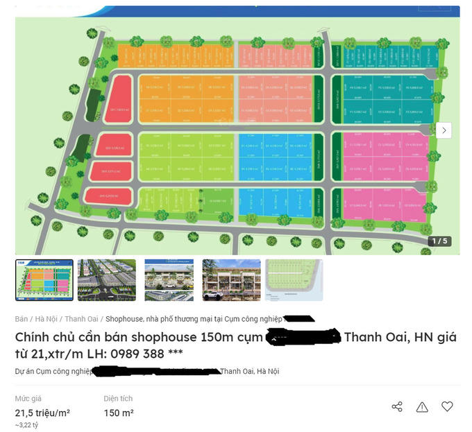 Thông tin shophouse tại một dự án CCN ở Thanh Oai (Hà Nội) được rao bán trên mạng (Ảnh chụp màn hình). &nbsp;