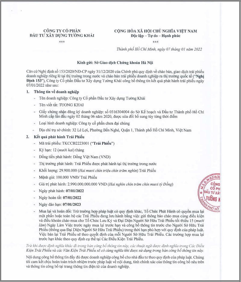 Lô trái phiếu 2.990 tỷ của Xây dựng Tường Khải. &nbsp;