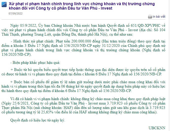 Thông báo của UBCKNN về việc xử phạt 200 triệu đối với VPI về hành vi mua chui cổ phiếu. &nbsp;