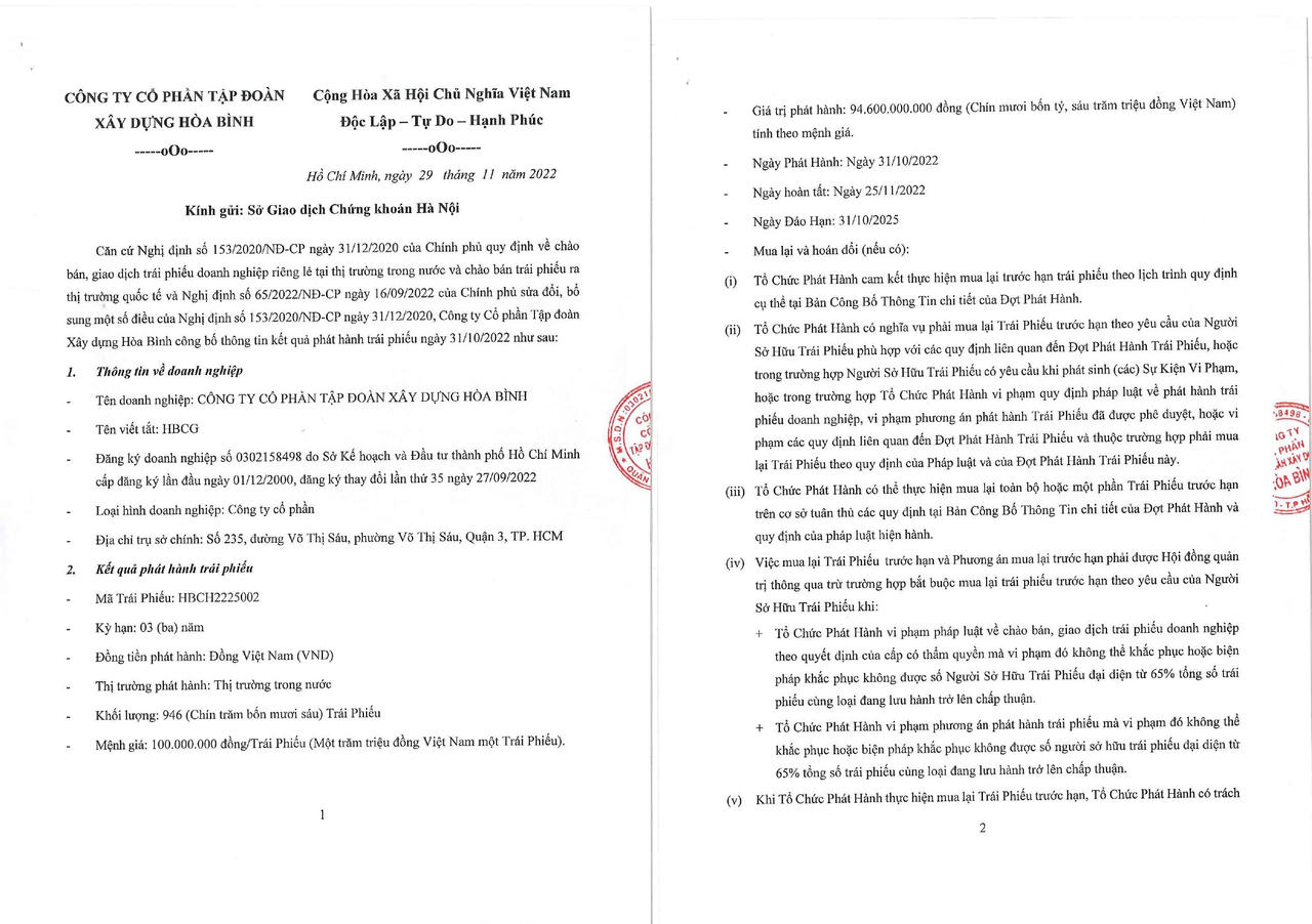 Thông tin lô trái phiếu vừa được Hòa Bình phát hành thành công. &nbsp;