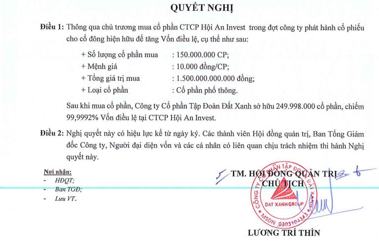 Quyết định thông qua chủ trương mua cổ phần CTCP Hội An Invest của Đất Xanh &nbsp;