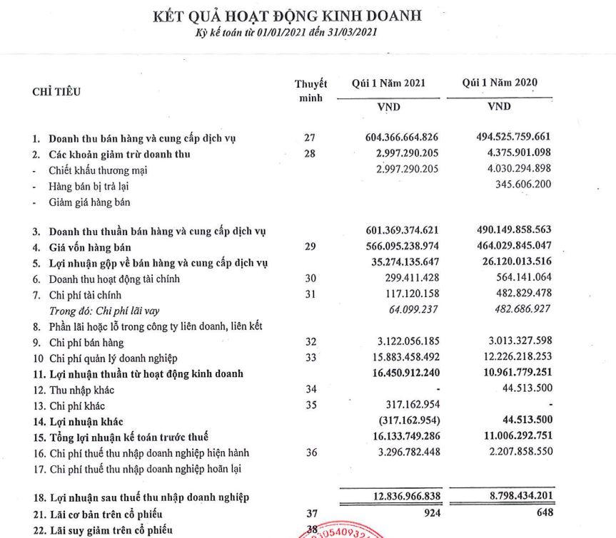 Nguồn: BCTC quý 1/2021 tại TDS. &nbsp;