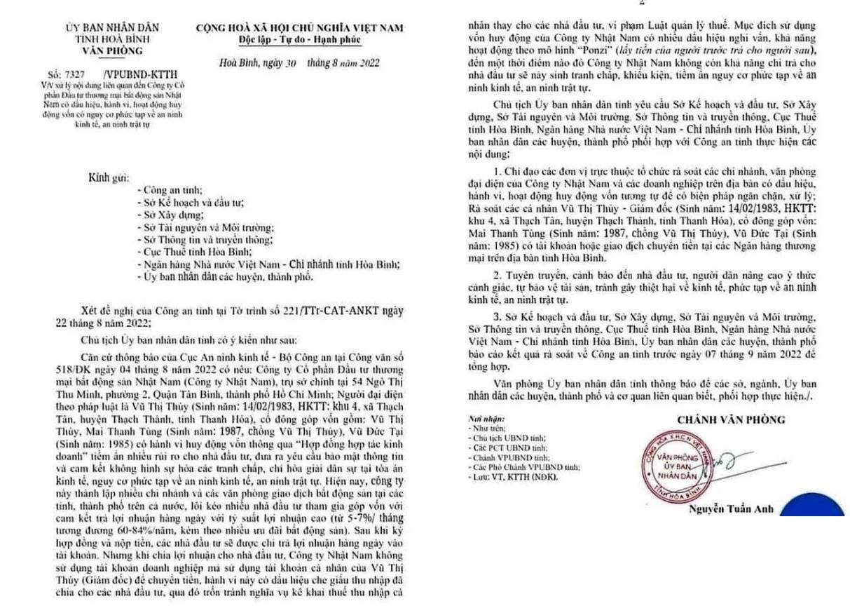 Văn bản cảnh báo của UBND tỉnh Hòa Bình. &nbsp;