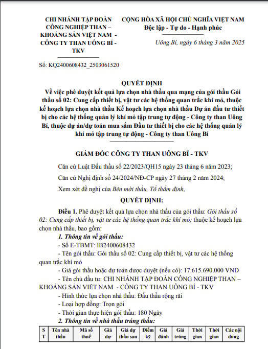 Quyết định phê duyệt kết quả lựa chọn nhà thầu Gói thầu số 02: Cung cấp thiết bị, vật tư các hệ thống quan trắc khí mỏ thuộc dự án Đầu tư thiết bị cho các hệ thống quản lý khí mỏ tập trung tự động - Công ty than Uông Bí.