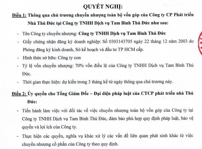 Văn bản về Thuduc House chuyển nhượng toàn bộ vốn góp tại Công ty Tam Bình Thủ Đức. &nbsp;