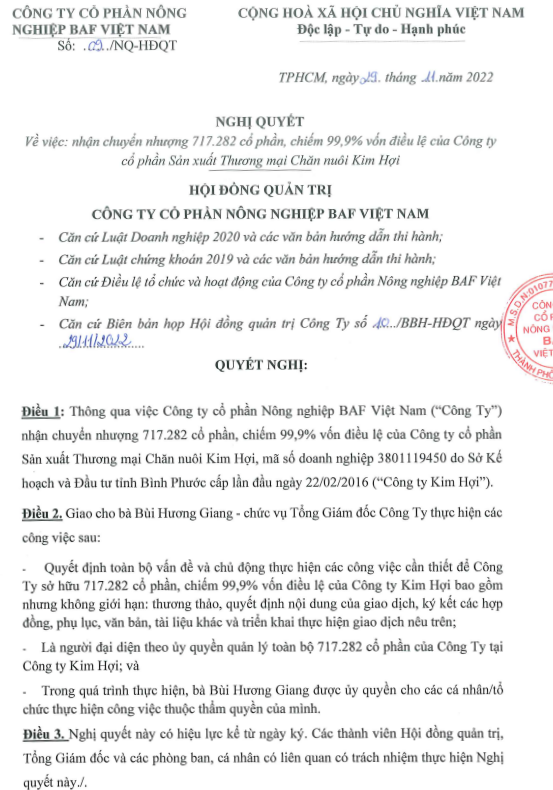 Nông nghiệp BaF Việt Nam thông qua việc nhận 99,9% vốn của Công ty TNHH Đầu tư Nông nghiệp Tân Châu