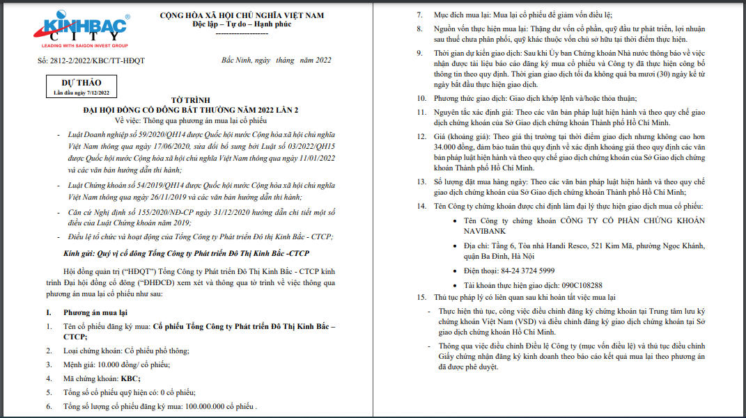 Tờ trình phương án mua lại cổ phiếu của Kinh Bắc. &nbsp;