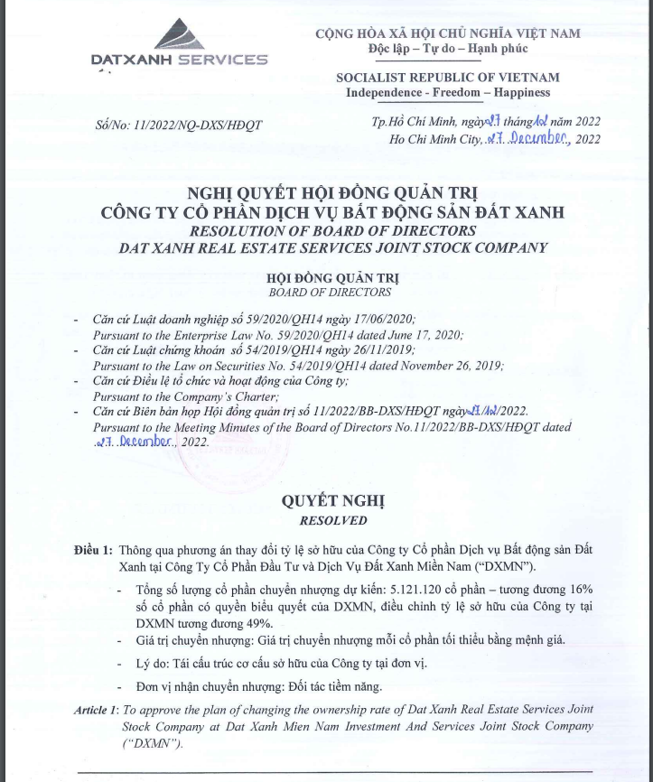 Nghị quyết HĐQT Đất Xanh Services về việc giảm tỷ lệ sở hữu tại CTCP Đầu tư và Dịch vụ Đất Xanh Miền Nam.