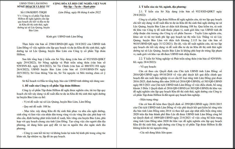 Văn bản của Sở Kế hoạch và Đầu tư tỉnh Lâm Đồng.