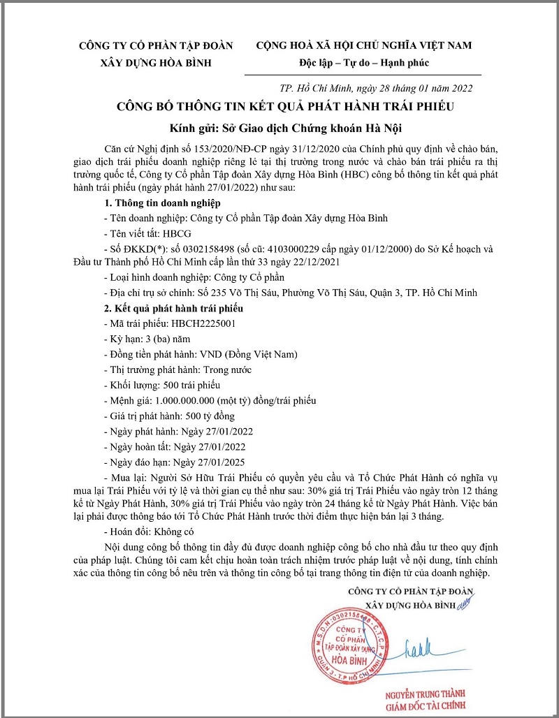 Xây dựng Hòa Bình cũng phát hành 500 tỷ đồng trái phiếu trong quý I/2022. &nbsp;