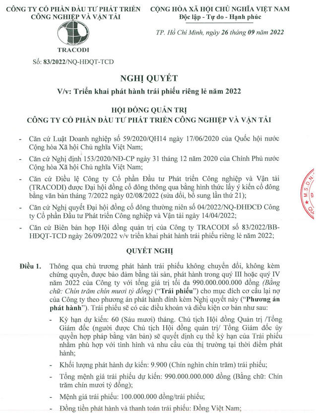 Nghị quyết phát hành trái phiếu