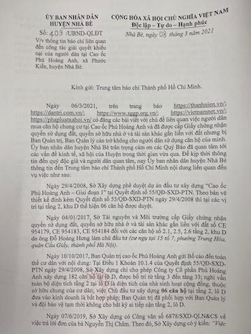 UBND huyện Nhà Bè đã có văn bản báo cáo và đề xuất phương hướng xử lý trình UBND TP.HCM xem xét để giải quyết dứt điểm sự việc nêu trên. &nbsp;
