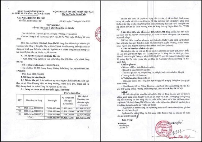 Thông báo về việc Agribank rao bán tài sản của công ty Minh Việt để thu hồi nợ. &nbsp;