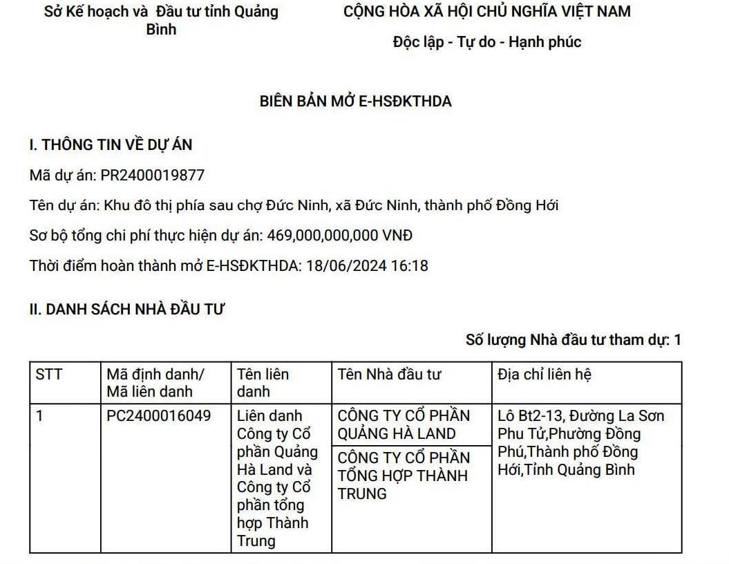 Khu đô thị phía sau chợ Đức Ninh có duy nhất một nhà đầu tư đăng ký thực hiện.