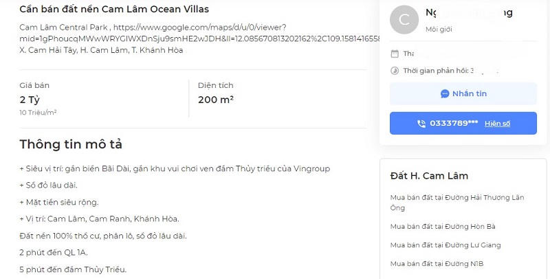 Đất nền dự án Cam Lâm Ocean Villas được rao bán rầm rộ trên các trang mạng. &nbsp;