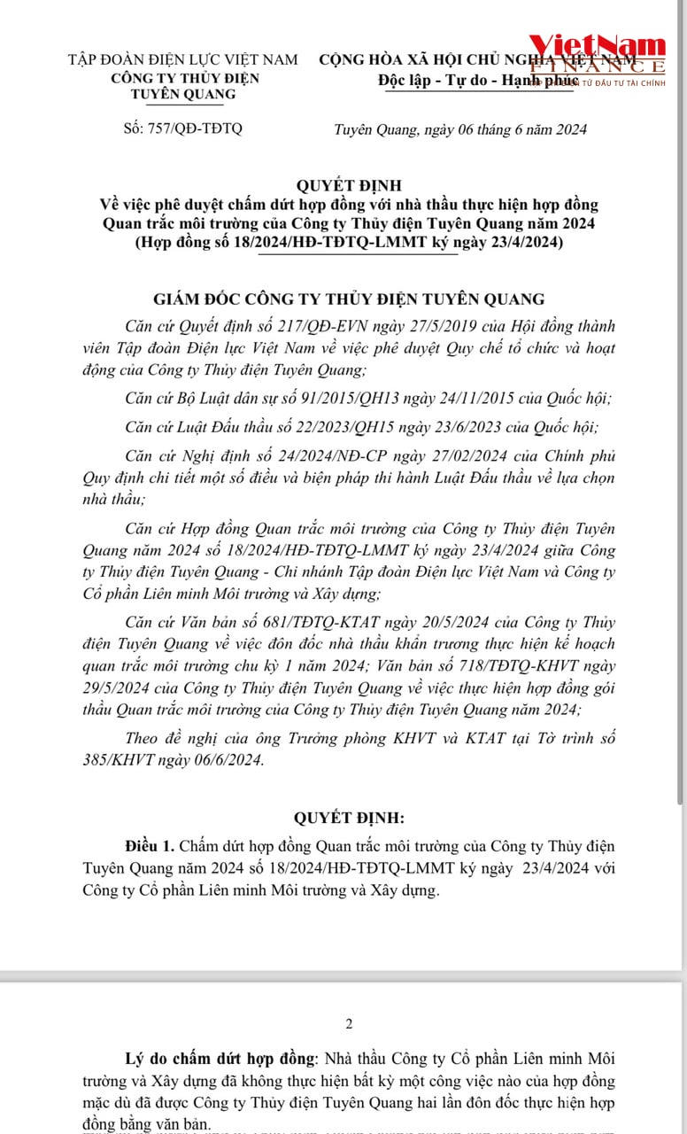 Quyết định chấm dứt hợp đồng với Công ty Liên Minh Môi trường và Xây dựng của Công ty Thuỷ điện Tuyên Quang- Chi nhánh Tập đoàn Điện lực Việt Nam