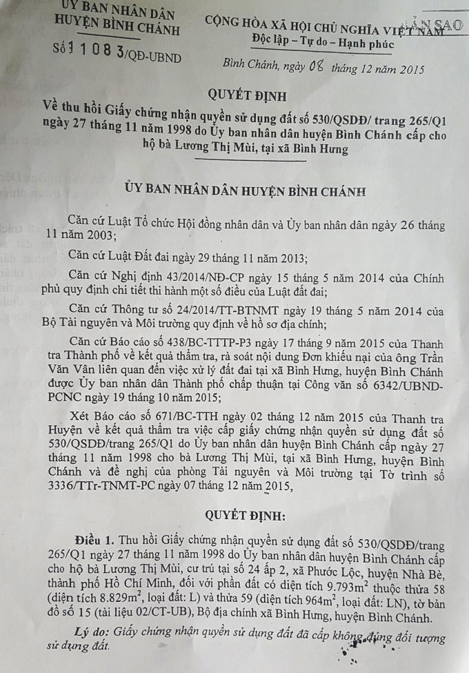 Quyết định thu hồi GCN QSDĐ của UBND huyện Bình Chánh