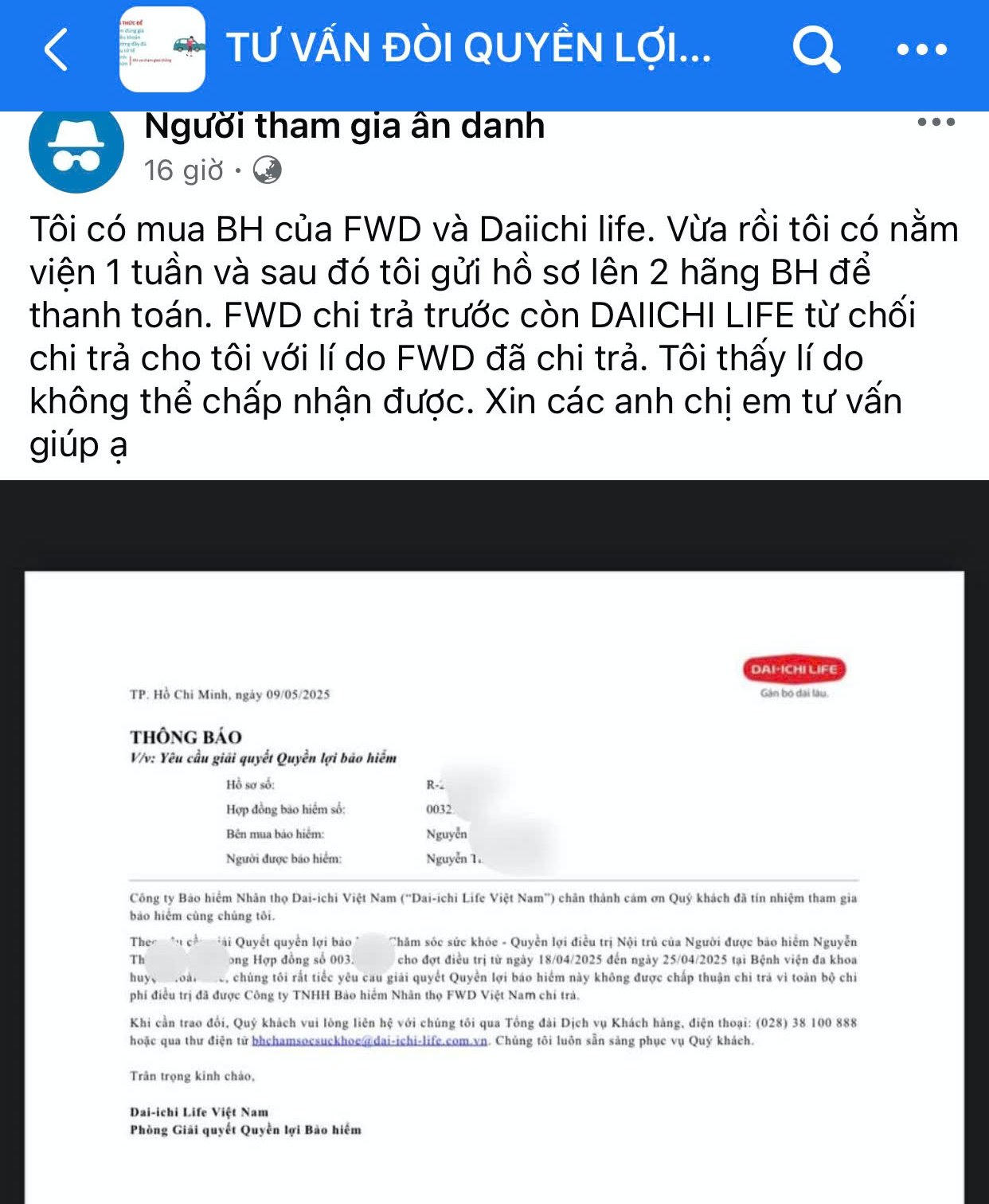 Thành viên của Cộng đồng bảo hiểm thắc mắc về chi trả bồi thường của bảo hiểm FWD và Dai -ichi