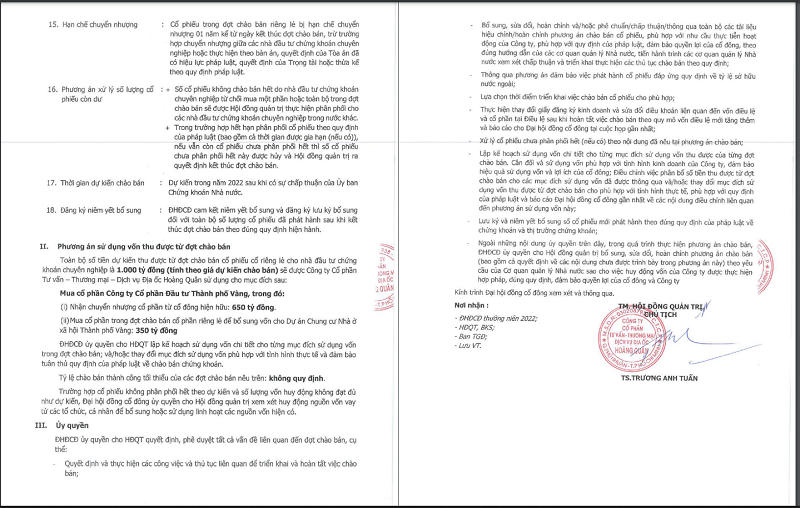 Tờ trình về phương án chào bán và kế hoạch sử dụng vốn củ HQC.