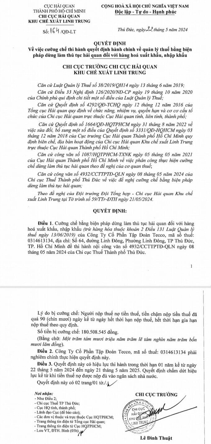 Tập đoàn Tecco, Chi nhánh Nghệ An nợ thuế hơn 14 tỷ đồng