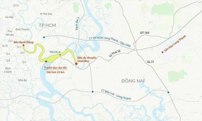 Phương án 1 đi từ bến Bạch Đặng đến bến SwanBay sau đó đi đường bộ đến sân bay Long Thành. Ảnh: Đăng Hiếu