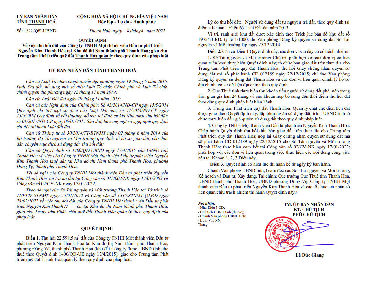 Quyết định về việc thu hồi 2,2 ha đất của Nguyễn Kim tại KĐT Nam thành phố Thanh Hóa.