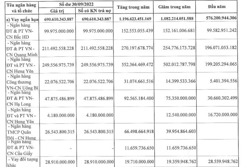 Danh sách các khoản vay ngắn hạn của L18 tính đến quý III/2022. &nbsp;