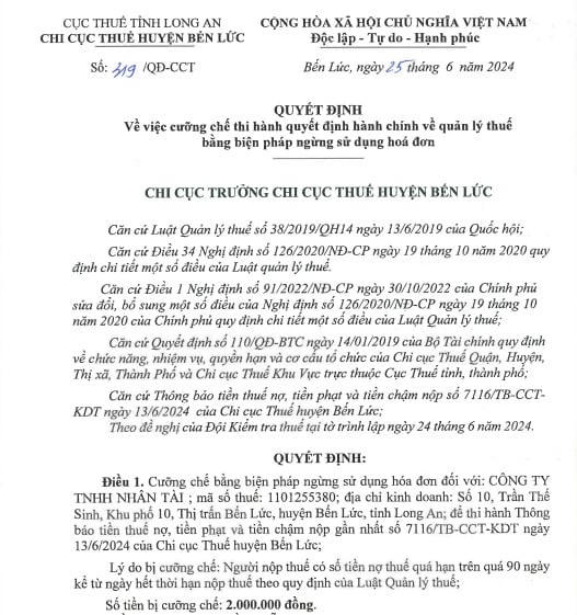 Nợ thuế 2 triệu đồng quá 90 ngày, doanh nghiệp bị cưỡng chế bằng biện pháp ngừng sử dụng hóa đơn.