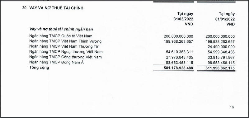 Nguồn: BCTC hợp nhất quý I/2022. &nbsp;