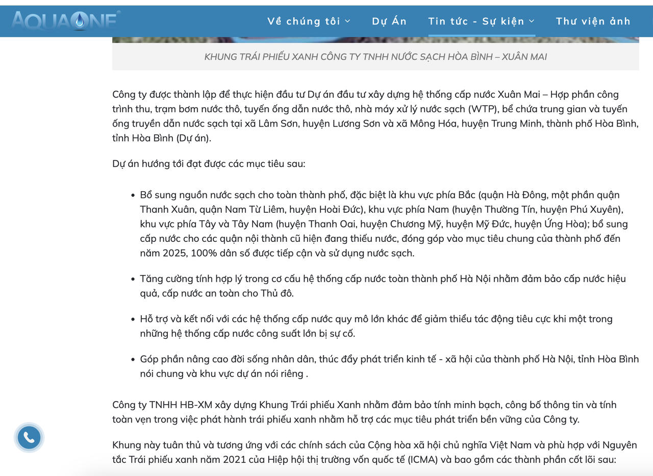 AquaOne công bố khung trái phiếu xanh của Công ty TNHH Nước sạch Hòa Bình - Xuân Mai.