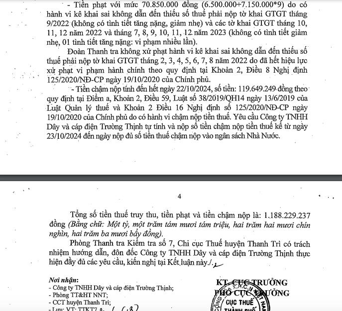 Kết luận thanh tra thuế tại Công ty TNHH Dây và cáp điện Trường Thịnh của Cục Thuế thành phố Hà Nội